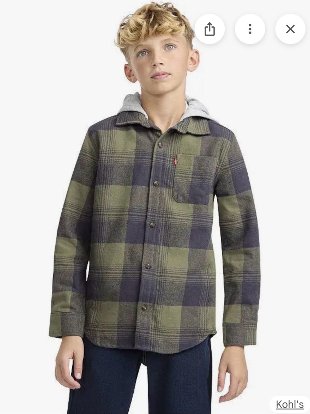 Levi's Green and Gray Plaid Hooded Button-Down Shirt